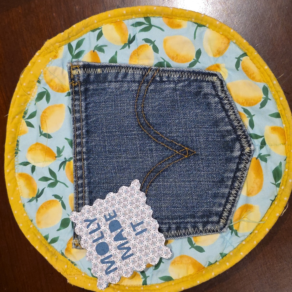 HAND CRAFTED Tortilla Holder UPCYCLED Blue Denim Yellow Lemons 9 Inch